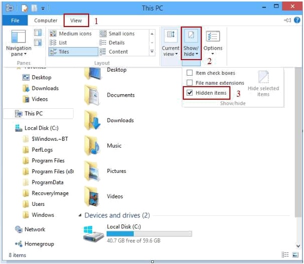 view Hidden files in Windows